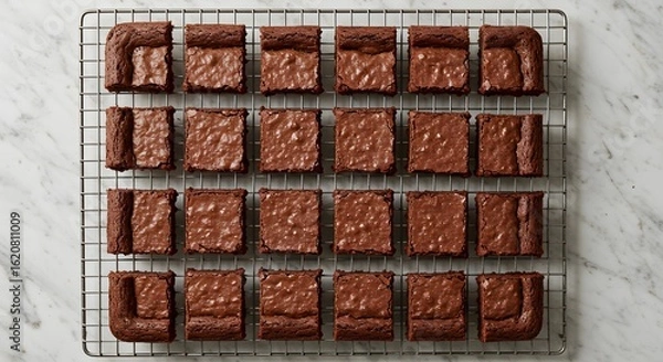 Fototapeta Brownies perfectly lined up on a metal grid, captured in refined editorial style.