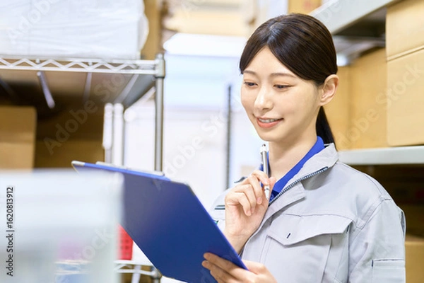 Obraz 検品する作業員　棚卸しする女性社員　配達　運送　倉庫