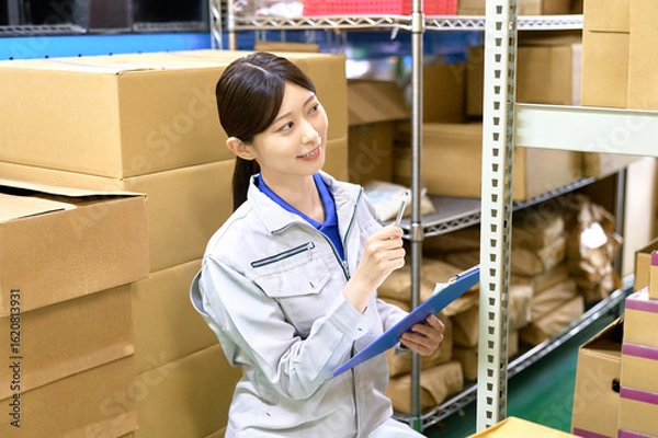 Obraz 在庫を確認する作業員の女性　工場　倉庫