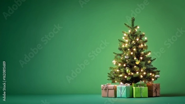 Obraz Small Decorated Christmas Tree with Fairy Lights and Gifts on Green Screen Background – Studio Holiday Shot