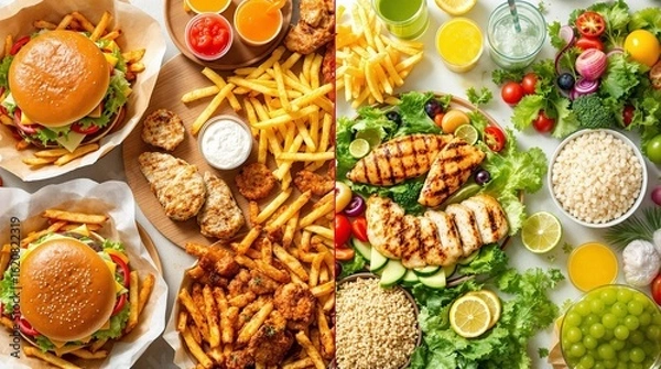 Fototapeta Healthy vs Unhealthy Food Choice: A Comparison of Fast Food and a Clean Diet