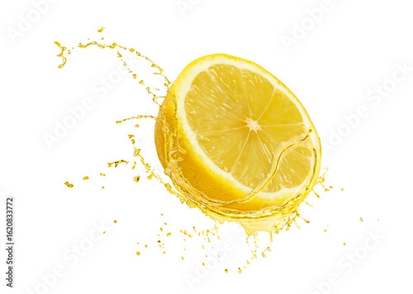 Fototapeta Half of lemon and splash of citrus drink in air against white background