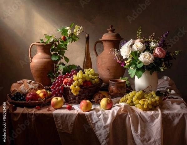 Fototapeta Rustic Still Life with Flowers, Fruit, Bread, and Clay Vessels in Natural Light
