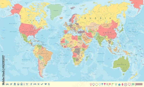 Fototapeta Vintage World Map and Markers - Vector Illustration