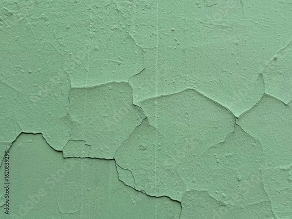 Fototapeta Aged green painted wall background with peeling paint and visible cracks. Textured, weathered rough surface. Wallpaper or banner texture for rustic, vintage, and urban design