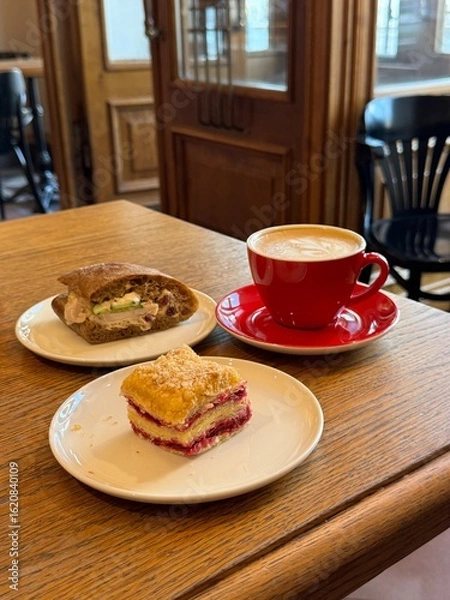 Fototapeta Vertical food photo view. Coffee, sandwich and dessert on wooden table at the cafe. UGC content of meal at the lunch