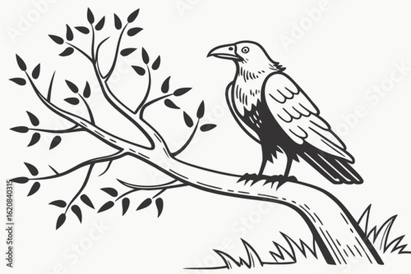 Fototapeta Stylized Raven Perched on a Branch.