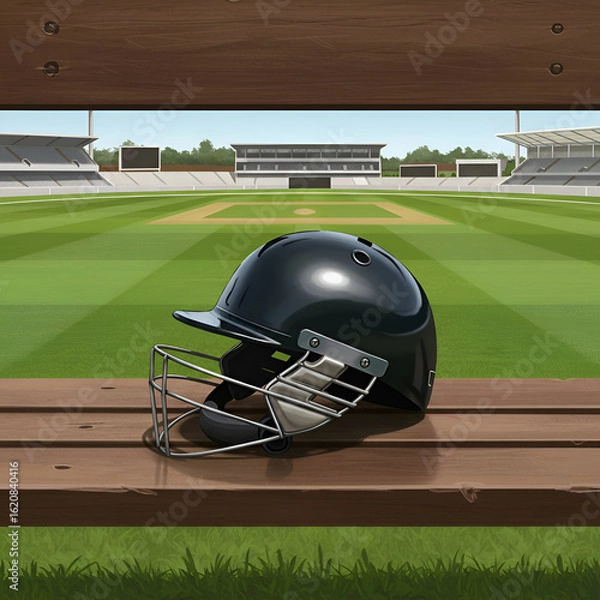 Fototapeta Cricket helmet resting on a wooden bench in a stadium setting. A professional cricketer's protective gear positioned in a sports venue.