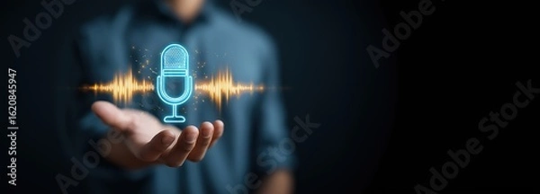 Obraz AI Podcasting Concept – Faceless Person Offering Glowing Microphone Icon with Waveform and Sparkles, Representing Voiceover, Artificial Intelligence Audio Tools, and Content Creation