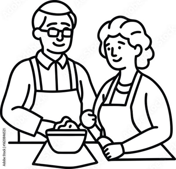 Fototapeta Elderly couple in aprons preparing dessert isolated on white background