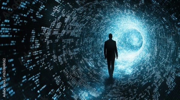 Fototapeta A person walks through a tunnel of digital data.