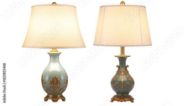 Fototapeta Two elegant table lamps with ceramic bases and beige shades provide warm illumination for a luxurious interior isolated on transparent background