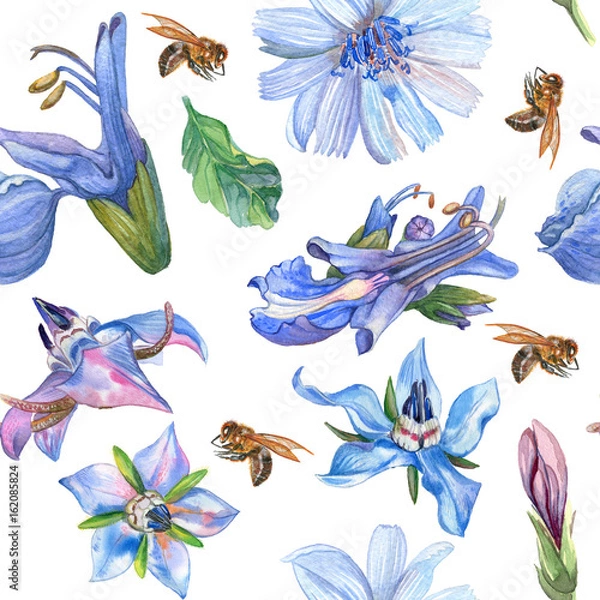 Obraz Watercolor seamless pattern with blue flowers and bees on a white background.  artbackgroundbeeblueboragebranchdeliciousdesignfabricfloralflowersgardenhandillustrationleafmedicinalmelliferousmodernnat