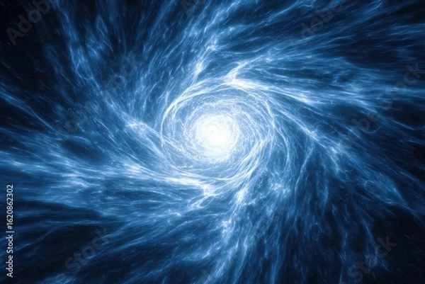 Fototapeta An abstract swirling vortex of bright blue energy light creates a mesmerizing tunnel effect leading to a radiant center point of intense illumination.