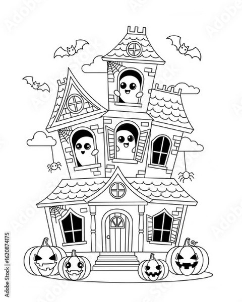 Fototapeta halloween haunted houseblack and white outline illustration. Coloring book for kids.