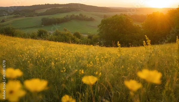 Fototapeta Beautiful rural landscape with sunrise and open meadow Yellow flowers bloom in the spring fields. Wild flowers blooming in the sunset Summer scene view