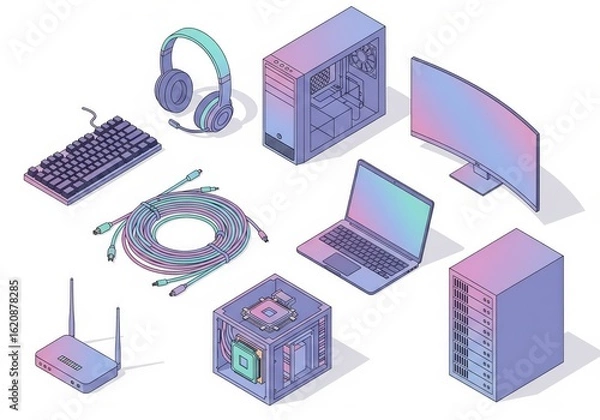 Fototapeta Trendy isometric tech icons - mechanical keyboard, wireless headphones, CPU tower, ultrawide screen, laptop, cables, and server rack