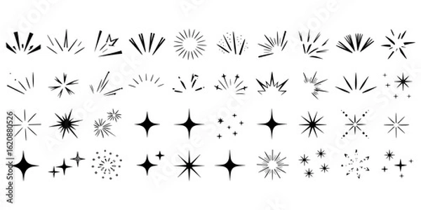 Fototapeta Doodle line sparkle vector set, hand drawn shining stars, comic burst elements, and decorative glowing sparkling star highlight. Cartoon explosion, dynamic light flash, twinkle star, firework effect.