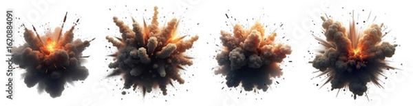 Fototapeta Four different explosions with fire and smoke isolated on a clean transparent background to emphasize the destructive power