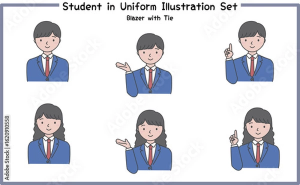Obraz 制服姿の学生 イラストセット2-2 (ジャケット&ネクタイ) / Student in Uniform, Character Pose Set