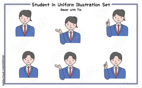 Obraz 制服姿の学生 イラストセット2-3 (ジャケット&ネクタイ) / Student in Uniform, Character Pose Set