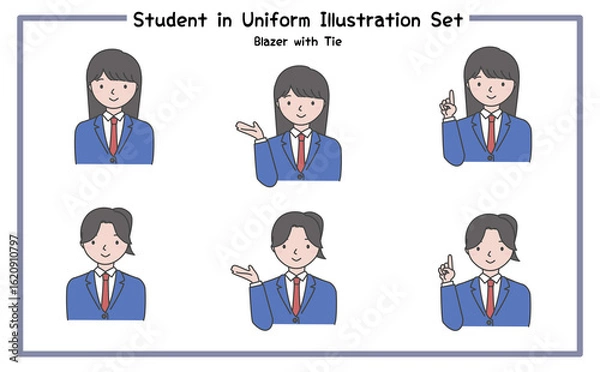 Obraz 制服姿の学生 イラストセット2-5 (ジャケット&ネクタイ) / Student in Uniform, Character Pose Set