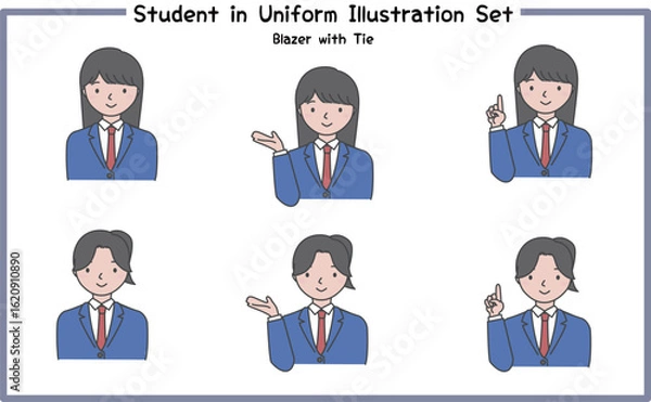 Obraz 制服姿の学生 イラストセット2-5 (ジャケット&ネクタイ) / Student in Uniform, Character Pose Set