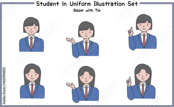Fototapeta 制服姿の学生 イラストセット2-1 (ジャケット&ネクタイ) / Student in Uniform, Character Pose Set