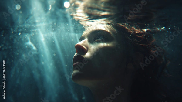 Fototapeta Scared in terror lady under water still overwhelms swarm swamp underwater effortless 