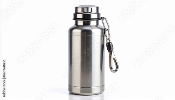 Fototapeta Stainless steel water bottle with screw-on lid and loop handle, attached carabiner clip, set against white background—sleek, modern hydration accessory.