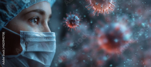 Fototapeta Medical professional wearing a surgical mask and cap gazes thoughtfully at floating virus particles, illustrating the ongoing battle against infectious diseases and the importance of healthcare