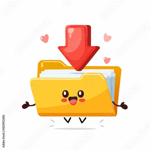 Fototapeta Cheerful Folder Download: An adorable illustration features a cheerful folder character with a bright red download arrow above, perfect for projects.
