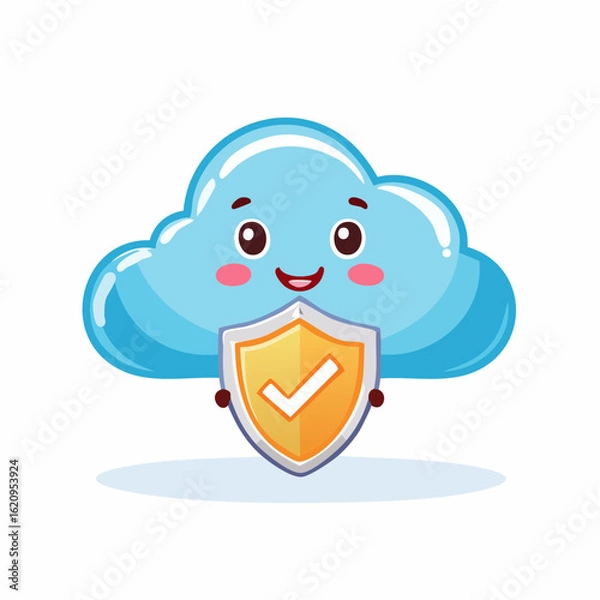 Fototapeta Cloud Security Illustration: A cheerful cartoon cloud, exuding warmth and trustworthiness, gleefully cradles a radiant shield.