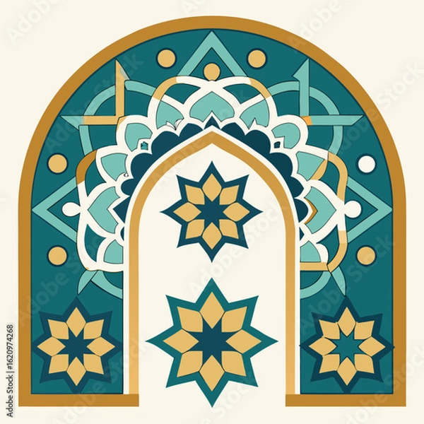 Fototapeta Elegant islamic arch vector illustration with geometric patterns and golden accents for ramadan