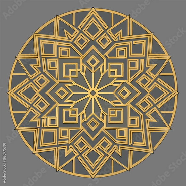 Fototapeta Intricate golden geometric mandala art with square and angular patterns over a neutral gray background