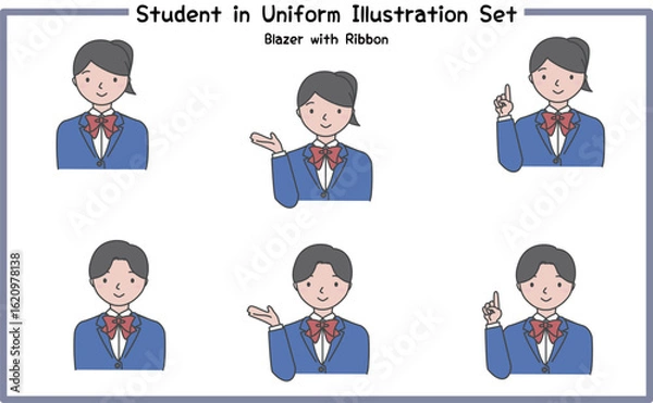 Obraz 制服姿の学生 イラストセット3-3 (ジャケット&リボン) / Student in Uniform, Character Pose Set