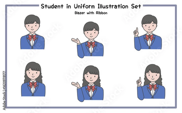 Fototapeta 制服姿の学生 イラストセット3-2 (ジャケット&リボン) / Student in Uniform, Character Pose Set