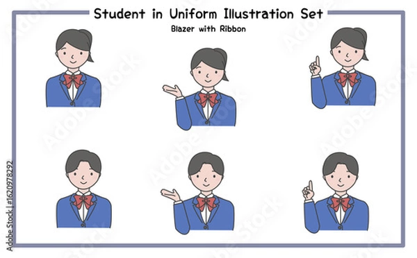Obraz 制服姿の学生 イラストセット3-3 (ジャケット&リボン) / Student in Uniform, Character Pose Set