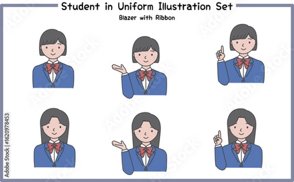 Fototapeta 制服姿の学生 イラストセット3-1 (ジャケット&リボン) / Student in Uniform, Character Pose Set
