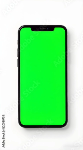 Fototapeta A modern smartphone with a chroma key green screen display, isolated on a white background. Technology and communication concept for mockups.
