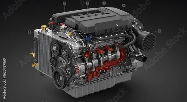 Fototapeta Detailed Car Engine Visualizations – Components, Mechanics and Cutaway Views