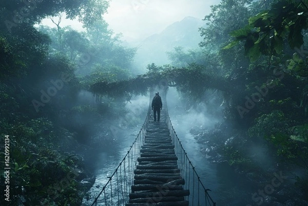 Fototapeta Adventurer balancing while crossing jungle stream on tree bridge