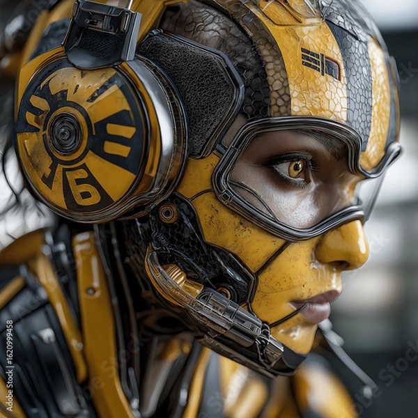 Fototapeta Cyberpunk Female Cyborg with Headphones - Ultrarealistic 8K Portrait of AI Mechanoid with Yellow Wasp Eyes & Transhumanist Style