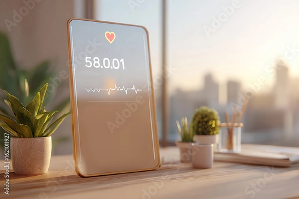 Fototapeta Modern mirror mockup enhancing a home office workspace with smart functionality and natural elements