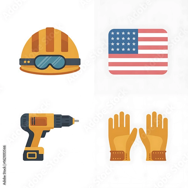 Obraz Labor Day icon set featuring tools, safety gear, and symbols. Solid, filled icons set of Labor Day celebration: hard hat, gear, wrench, handshake,
