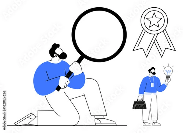 Fototapeta Person kneeling with large magnifying glass, award ribbon symbol, and standing business figure with idea lightbulb. Ideal for creativity, problem-solving, research, innovation, goal-setting
