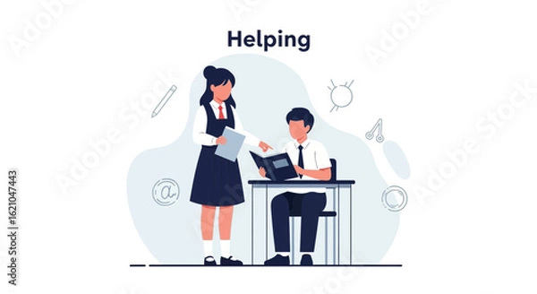 Fototapeta Student Assisting Colleague With Schoolwork In A Classroom Setting Illustration