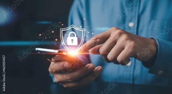 Fototapeta Secure your digital world with a touch, protecting data and privacy on your mobile device.