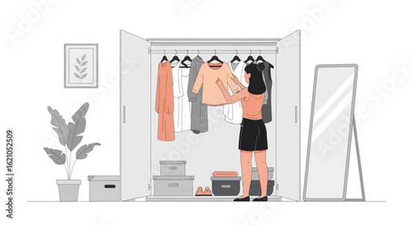 Fototapeta Woman Choosing Outfit From Wardrobe For Daily Look Planning Preparation