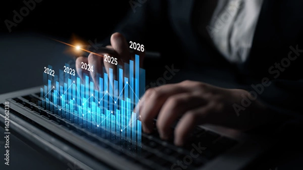 Fototapeta Business bar chart and line graph showing yearly business growth from 2022 to new year 2026, represent data analytics, future 2026 planning, business 2026 trend, and performance analysis 2026 Latch